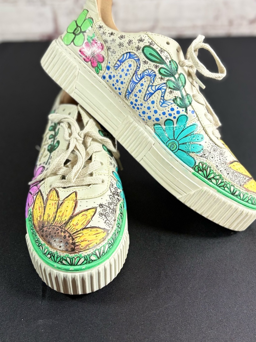 Hand-Painted Floral Platform Sneakers - Cream Canvas with Multicolor Flowers